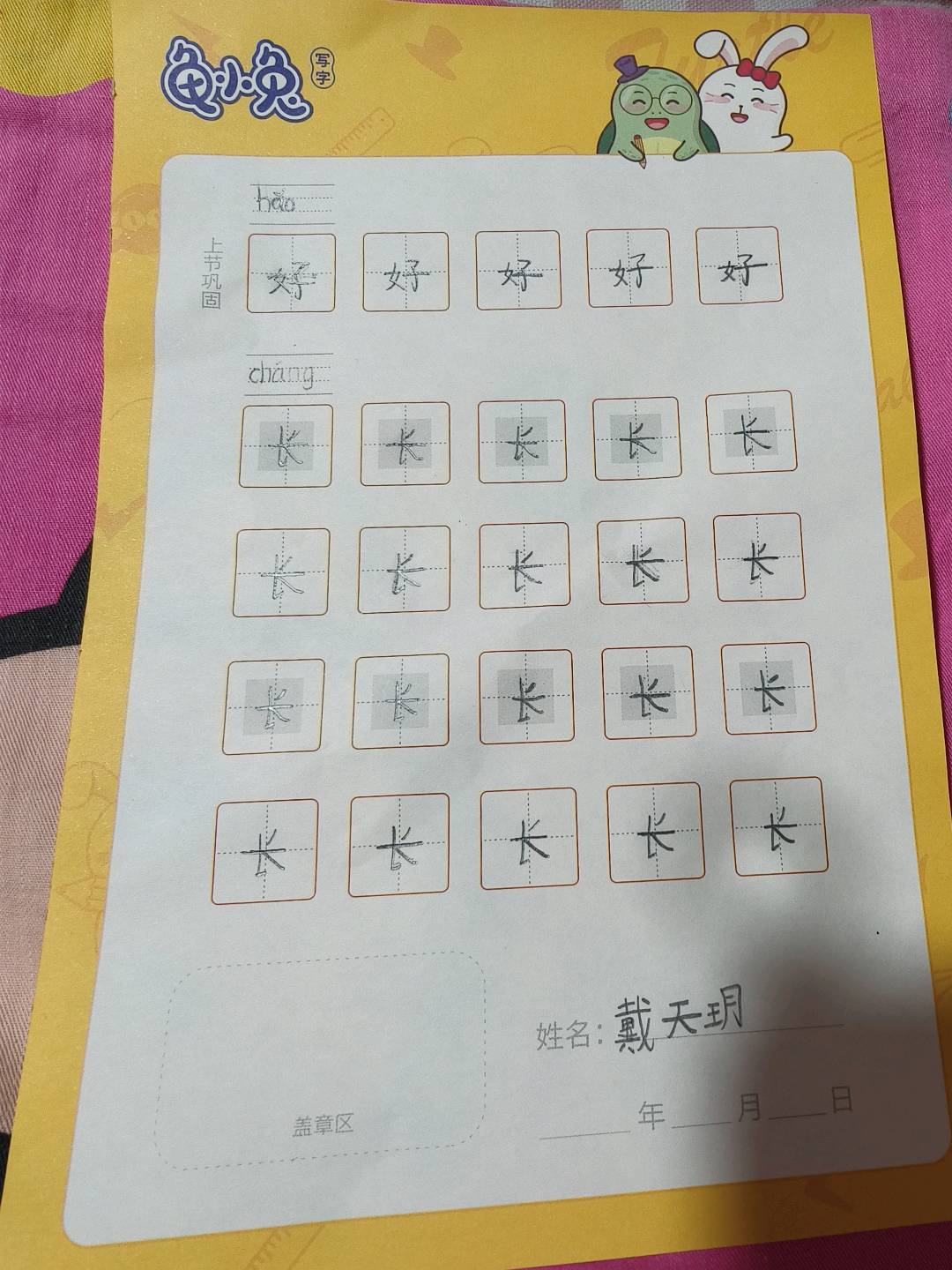 龟小兔写字优秀作品展示：天玥/幼儿园大班/练字1天